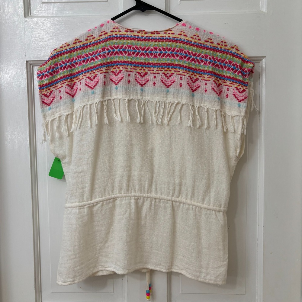 Amanda‎ Uprichard Boho Top Sz S Fringe Embroidered Folk Tribal Festival Coastal